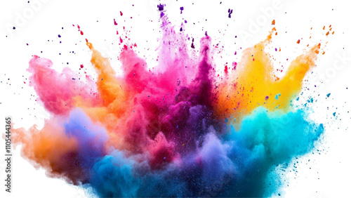 Multicolored powder explosion isolated on white background. An explosion of colorful powder is spreading on a white surface beneath. A colorful explosion powder white background.