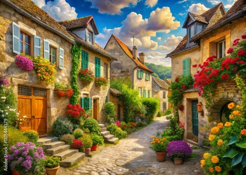 Abstract Painting of a Serene French Village with High Depth of Field, Capturing Vibrant Colors and Soft Textures to Evoke the Essence of Countryside Charm and Tranquility