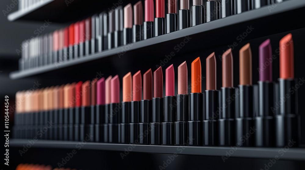 Close-up of multiple rows of colorful lipsticks on display shelves, showing a variety of shades in a makeup store setting with a focus on cosmetic presentation. Close-up of multiple rows of colorful lipsticks on display shelves, showing a variety of shades in a makeup store setting with a focus on cosmetic presentation.
