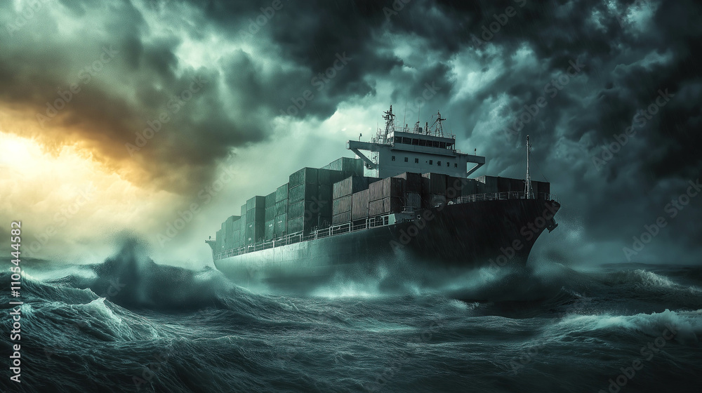 A container cargo ship navigates through a turbulent sea under stormy skies. The concept of global trade challenges, maritime resilience, and the power of nature. Generative ai. A container cargo ship navigates through a turbulent sea under stormy skies. The concept of global trade challenges, maritime resilience, and the power of nature. Generative ai.