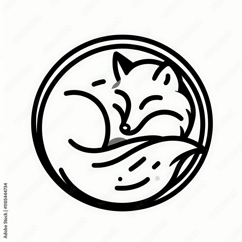 A stylized fox curled up in a circular design. A stylized fox curled up in a circular design.