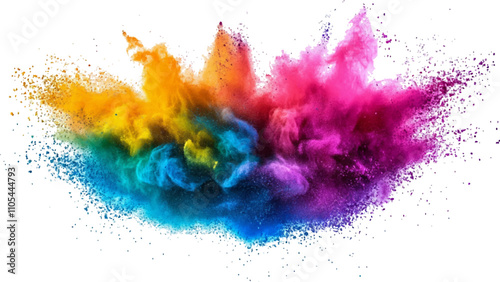 Multicolored powder explosion isolated on white background. An explosion of colorful powder is spreading on a white surface beneath. A colorful explosion powder white background.