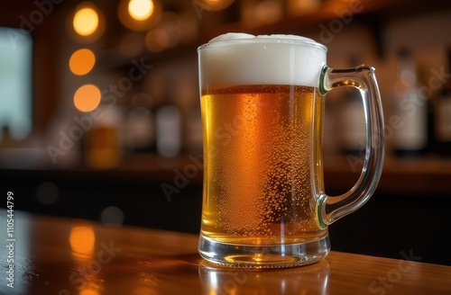 Cold beer A close-up view of steamed mug with foam overflowing in a bar on wooden table a desk. Oktoberfest celebration