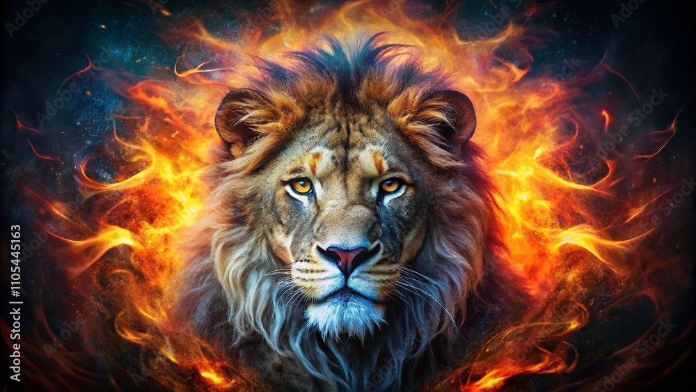 Abstract Representation of a Lion's Head with Fiery Flames in Low Light Photography, Capturing the Essence of Strength and Majesty in a Dark Atmosphere