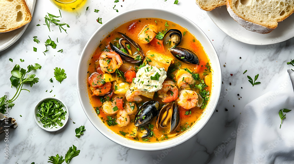 Classic Bouillabaisse with Rouille and Crusty Baguette, French Seafood Photography Classic Bouillabaisse with Rouille and Crusty Baguette, French Seafood Photography
