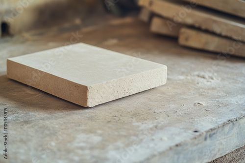 A flat stone slab on a workbench in a workshop. photo