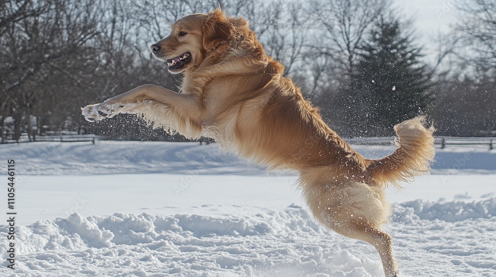 Golden Retriever Leaps Joyfully in Winter Snow Golden Retriever Leaps Joyfully in Winter Snow