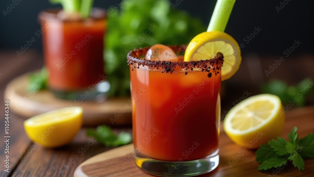 A vibrant Bloody Mary cocktail with a salted rim, garnished with celery and lemon, sits on a wooden board surrounded by fresh ingredients A vibrant Bloody Mary cocktail with a salted rim, garnished with celery and lemon, sits on a wooden board surrounded by fresh ingredients