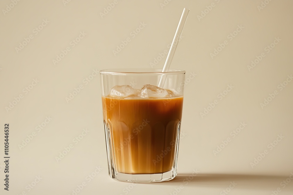 Iced coffee in a glass with cream mixing layers Iced coffee in a glass with cream mixing layers