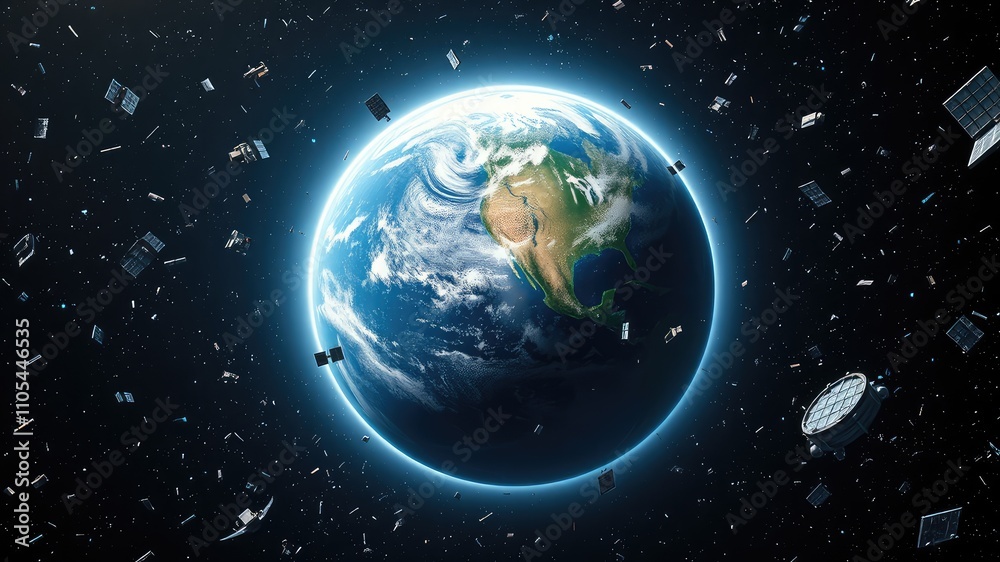 Fototapeta premium Space trash, Earth in Orbit Surrounded by Space Trash and Debris