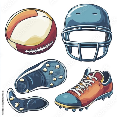 Vibrant Illustration of American Football Gear: Ball, Helmet, and Cleats