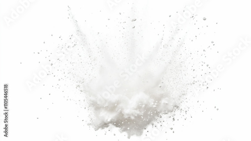White powder explosion, isolated on white background. Bright white paint color powder explosion. Abstract gray and white explosion powder background texture. 