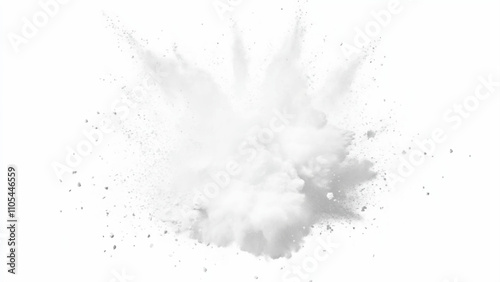 White powder explosion, isolated on white background. Bright white paint color powder explosion. Abstract gray and white explosion powder background texture. 