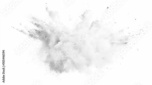 White powder explosion, isolated on white background. Bright white paint color powder explosion. Abstract gray and white explosion powder background texture. 