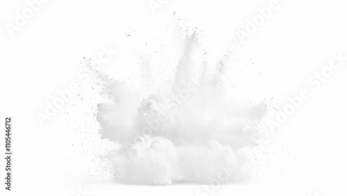 White powder explosion, isolated on white background. Bright white paint color powder explosion. Abstract gray and white explosion powder background texture. 