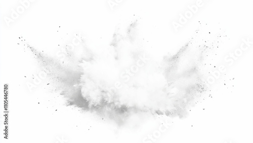 Bright white paint color powder explosion. Gray powder explosion with dark colors isolated white background. Abstract powder splatted on white background, freeze motion of black powder exploding.