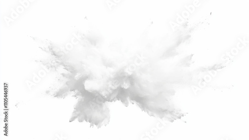 Bright white paint color powder explosion. Gray powder explosion with dark colors isolated white background. Abstract powder splatted on white background, freeze motion of black powder exploding.