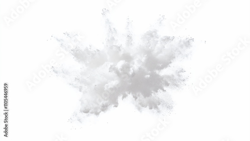 Bright white paint color powder explosion. Gray powder explosion with dark colors isolated white background. Abstract powder splatted on white background, freeze motion of black powder exploding.