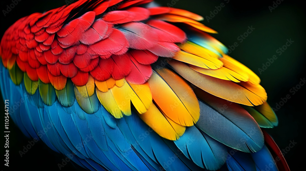 Obraz premium Vibrant Macaw Feathers Showcase Colorful Texture, Detailed Wing Close-up Displaying Rich Hues