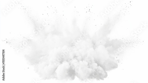 Bright white paint color powder explosion. Gray powder explosion with dark colors isolated white background. Abstract powder splatted on white background, freeze motion of black powder exploding.