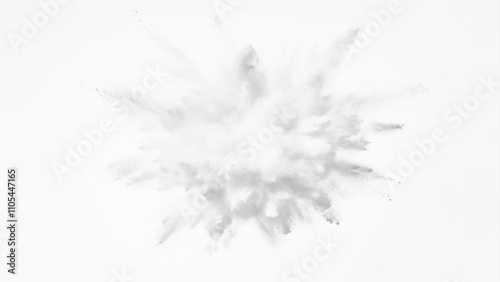 Bright white paint color powder explosion. Gray powder explosion with dark colors isolated white background. Abstract powder splatted on white background, freeze motion of black powder exploding.