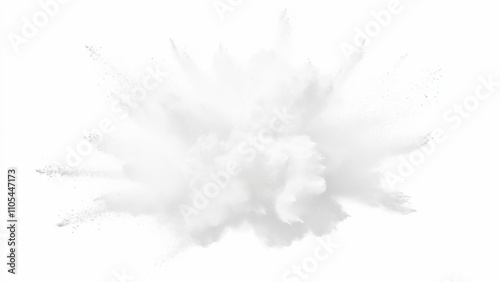 Bright white paint color powder explosion. Gray powder explosion with dark colors isolated white background. Abstract powder splatted on white background, freeze motion of black powder exploding.