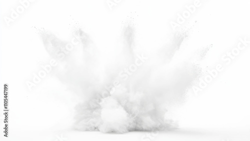 Bright white paint color powder explosion. Gray powder explosion with dark colors isolated white background. Abstract powder splatted on white background, freeze motion of black powder exploding.