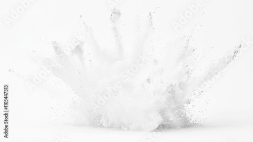 Bright white paint color powder explosion. Gray powder explosion with dark colors isolated white background. Abstract powder splatted on white background, freeze motion of black powder exploding.