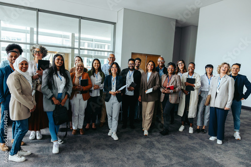 Diverse professional team posing happily at a seminar event indoors photo