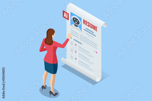 Isometric hiring and recruitment robots are selected for a job over a human candidate. Digital job interviews where artificial intelligence outshines traditional applicants.