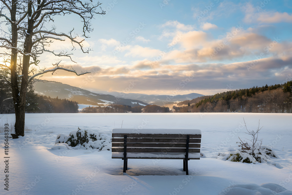 Wooden bench covered with snow, with barren tree and golden sunlight Wooden bench covered with snow, with barren tree and golden sunlight