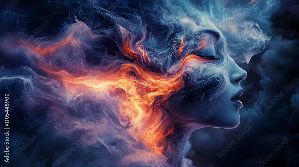 Abstract Digital Art: Woman's Face Transformed into Swirling, Fiery Nebula, Deep Blue Hues Abstract Digital Art: Woman's Face Transformed into Swirling, Fiery Nebula, Deep Blue Hues