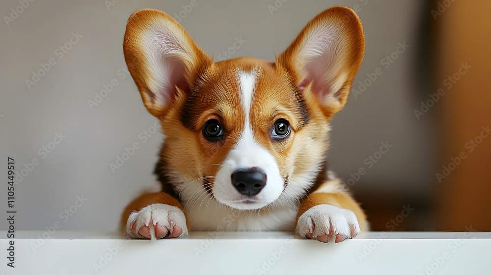 Adorable Puppy with Big Ears Rests Paws on White Surface, Showing Curious Gaze Adorable Puppy with Big Ears Rests Paws on White Surface, Showing Curious Gaze