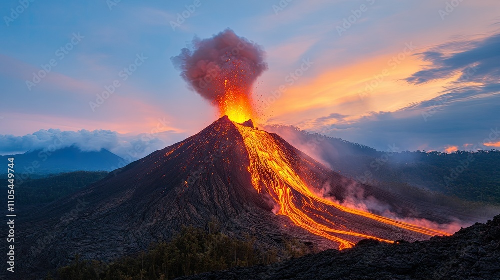 A towering volcano erupting at dusk, with streams of glowing lava illuminating the sky. A towering volcano erupting at dusk, with streams of glowing lava illuminating the sky.