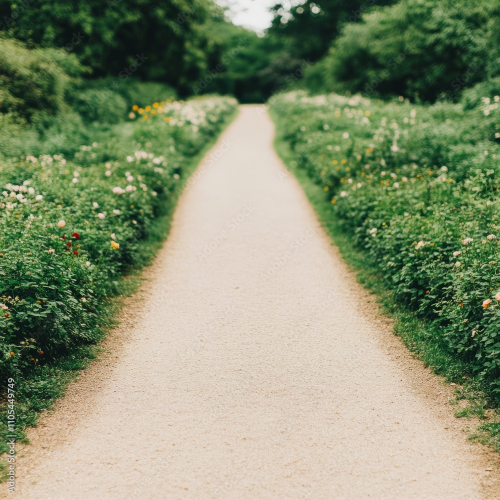 Obraz premium Serene garden path lined with blooming flowers and lush greenery.