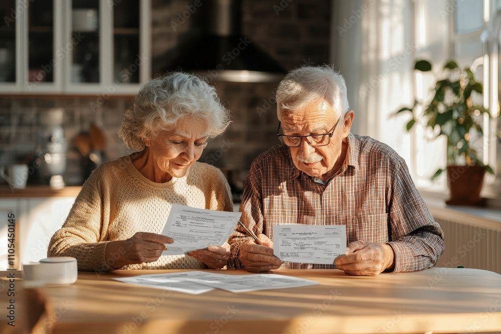 Elderly Couple Reviewing Important Documents in Cozy Kitchen Setting, Soft Natural Light Illuminates Their Expressions of Concern and Care for Each Other Elderly Couple Reviewing Important Documents in Cozy Kitchen Setting, Soft Natural Light Illuminates Their Expressions of Concern and Care for Each Other
