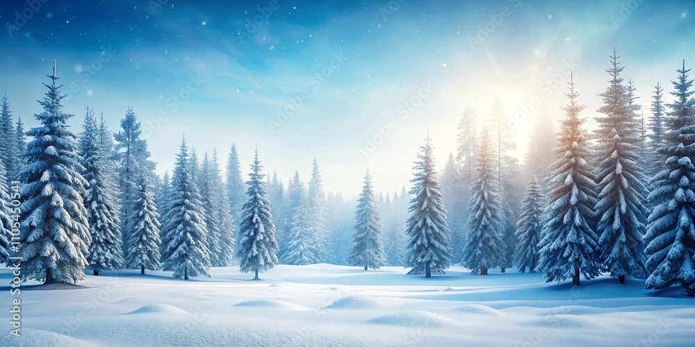 Serene Winter Wonderland Snow-Covered Evergreens Under a Bright Sun and Starry Sky Serene Winter Wonderland Snow-Covered Evergreens Under a Bright Sun and Starry Sky