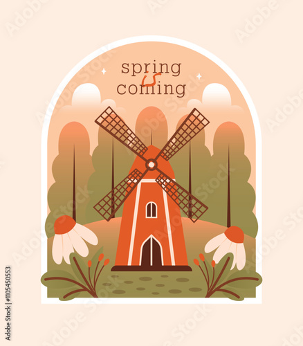 Spring is coming. Village windmill, cottagecore arhitecture. Cute building on spring landscape in flat style. Card, banner with short phrase, text. Spring house with plants, leaves, flowers, forest.