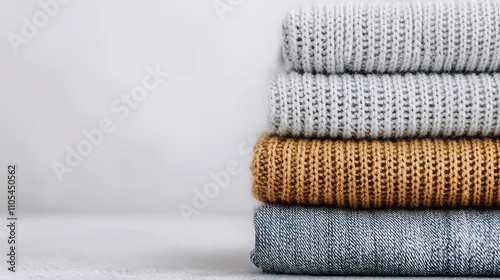 Jeans texture and comfortable concept, A stack of cozy, textured knit fabrics in soft gray, golden, and blue hues, displayed against a neutral background.