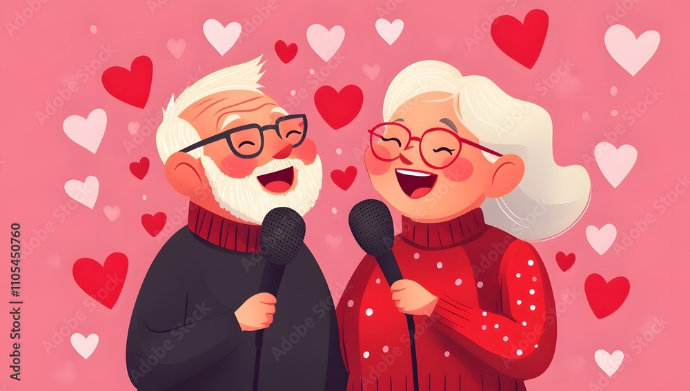 Sweet elderly couple sings karaoke together, surrounded by hearts. Valentine's Day love! Sweet elderly couple sings karaoke together, surrounded by hearts. Valentine's Day love!