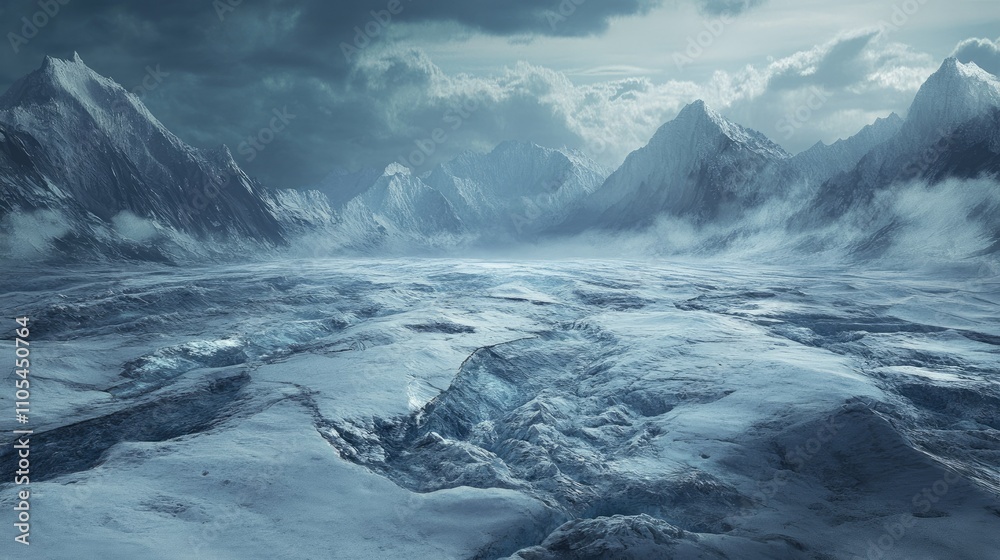 A vast glacier field with intricate cracks and deep crevasses, surrounded by snowy peaks. A vast glacier field with intricate cracks and deep crevasses, surrounded by snowy peaks.