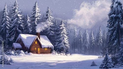 A cozy cabin surrounded by snow-covered trees, with smoke rising from the chimney on a cold winter day.