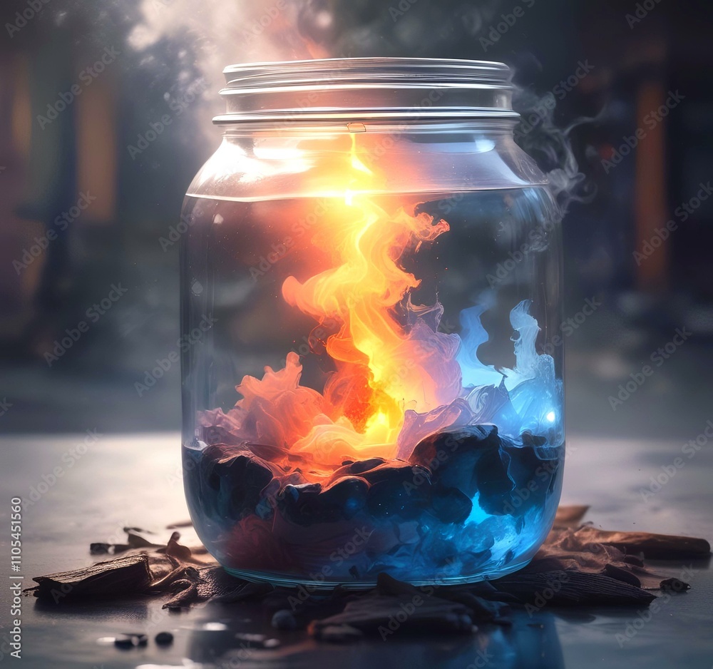 Illustration of glowing and magic dramatic smoke in jar with water reflection. Illustration of glowing and magic dramatic smoke in jar with water reflection.