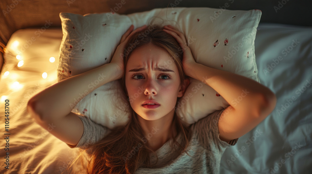 Fototapeta premium Stressed woman struggling to sleep due to insomnia and anxiety