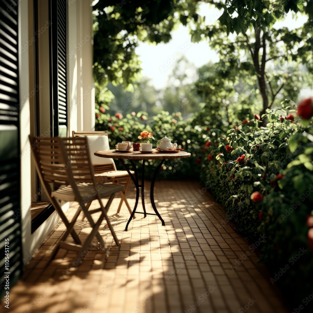 Sunny patio with table, chairs, and lush greenery. Sunny patio with table, chairs, and lush greenery.