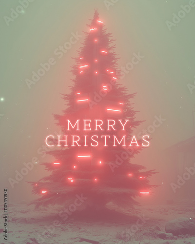 MERRY CHRISTMAS GREETING |  sci-fi themed Christmas tree illuminated with red LED lights in a cinematic, foggy setting. Perfect for high-tech holiday visuals, blending Vintage mood and futurism 