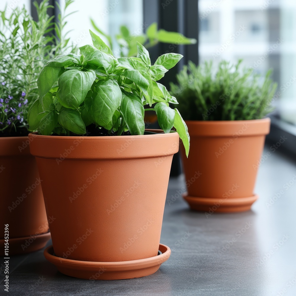 Fototapeta premium Three terracotta pots with herbs on windowsill.