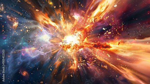 A conceptual image of the Big Bang, with explosive energy radiating outwards in all directions