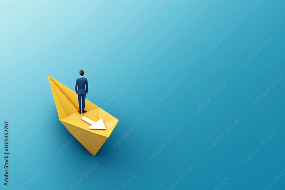 Isometric illustration of a man in a yellow paper boat on a white arrow pointing down to the ground, against a blue background, in a simple, minimalistic style, with vector graphics, simple details Isometric illustration of a man in a yellow paper boat on a white arrow pointing down to the ground, against a blue background, in a simple, minimalistic style, with vector graphics, simple details