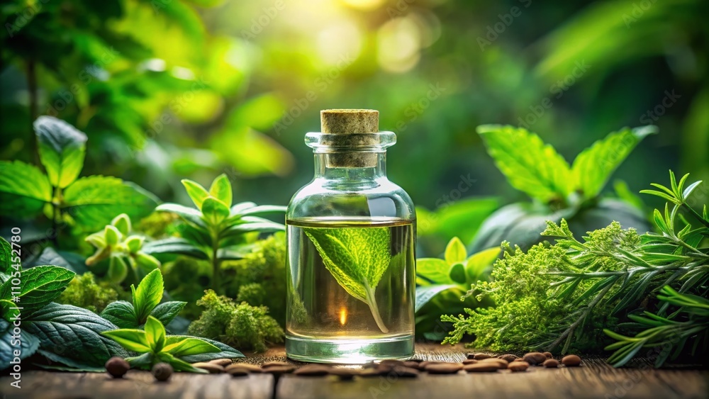 A Delicate Glass Bottle Filled with Herb-Infused Liquid Surrounded by Lush Green Foliage on a Soft Textured Background for Aromatherapy and Wellness A Delicate Glass Bottle Filled with Herb-Infused Liquid Surrounded by Lush Green Foliage on a Soft Textured Background for Aromatherapy and Wellness
